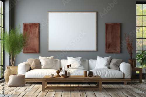 Visualize a tranquil living room adorned with a deep white sofa and a matching table  set against an empty blank frame  allowing for personalized text insertion.