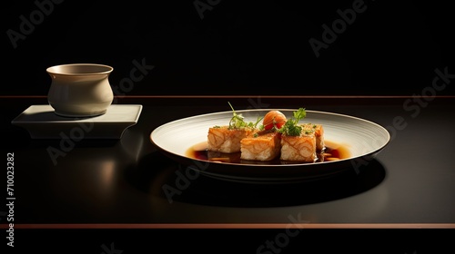 a simmered dish of Manganji togarashi and fried tofu, representing home cooking in Japan, culinary essence with in a modern style, emphasizing clean lines and contemporary aesthetics.
