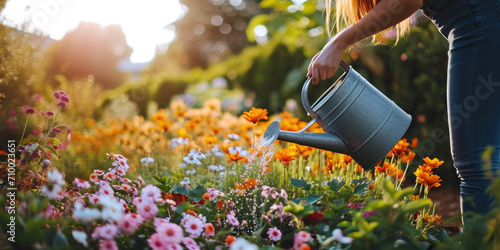 person watering flowers in the garden  #710023651