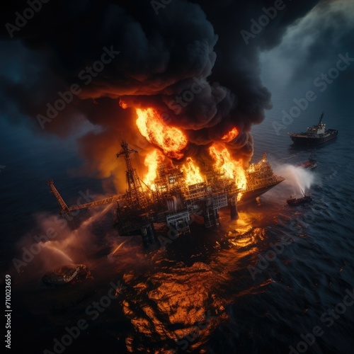 fire on an oil rig in the ocean 