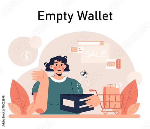 Impulsive buying. Shopaholic money problems. Consumer doing useless purchases without thoughtful consideration or planning. Spontaneous buying. Flat vector illustration