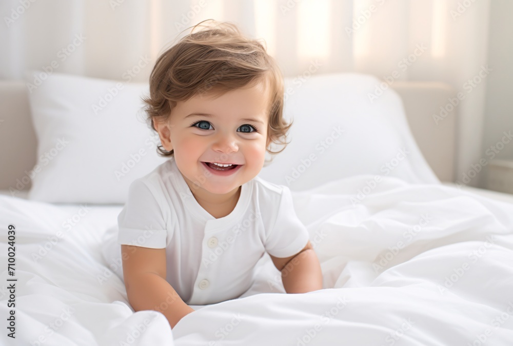 baby lying on white bed and smiling, tightly cropped compositions baby lying on white bed and smiling, tightly cropped compositions