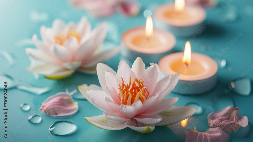 pink lotus flower with candles on a blue pastel background pink lotus flower with candles on a blue pastel background