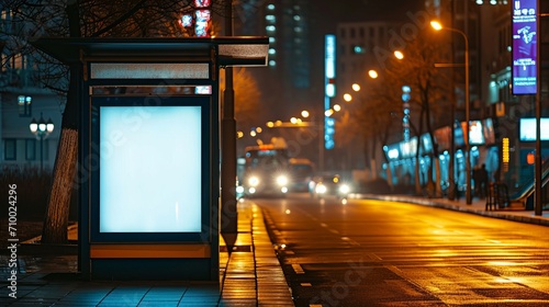 Urban Canvas: Blank Billboard at a Bustling Bus Stop