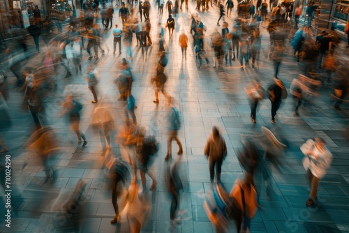 artistic crowd of people on the street using a low shutter speed. Movement of People, Rush hour pedestrian traffic, Blur crowd walk in city street photo