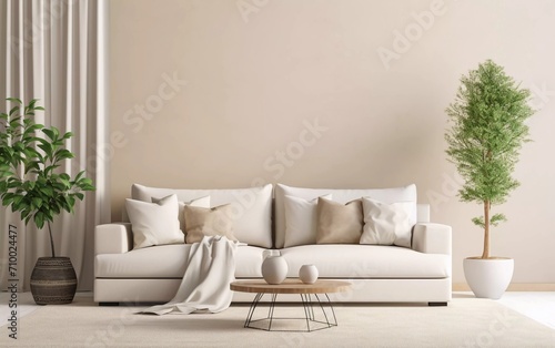Living room interior design with copy space, beige sofa, side table, leaf vase, pouf, elegant accessories and boucle carpet. generative ai © KBL Sungkid