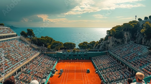 A tennis match on a in a stadium. Generative AI.