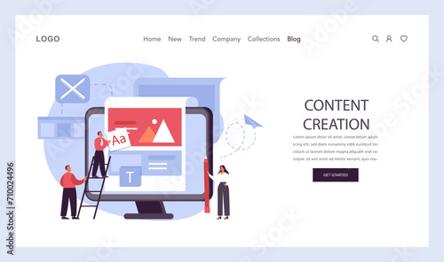 Content Creation concept. Team collaboratively designing engaging digital content, showcasing web design and text editing. Visualizing the content development process. Flat vector illustration