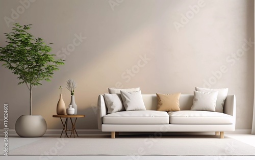 Living room interior design with copy space, beige sofa, side table, leaf vase, pouf, elegant accessories and boucle carpet. generative ai