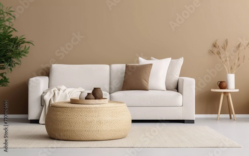 Living room interior design with copy space, beige sofa, side table, leaf vase, pouf, elegant accessories and boucle carpet. generative ai