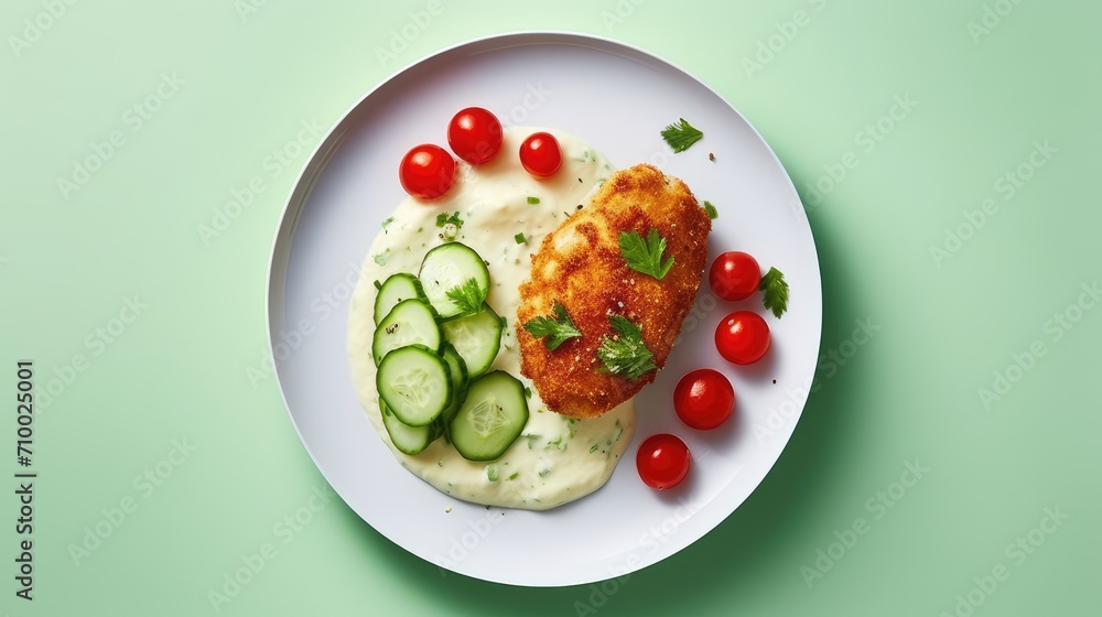 a Chicken Kiev cutlet with mashed potatoes, tomatoes, and cucumbers in a plate on a wooden light background, contemporary aesthetics to highlight the culinary beauty of the dish. a Chicken Kiev cutlet with mashed potatoes, tomatoes, and cucumbers in a plate on a wooden light background, contemporary aesthetics to highlight the culinary beauty of the dish.