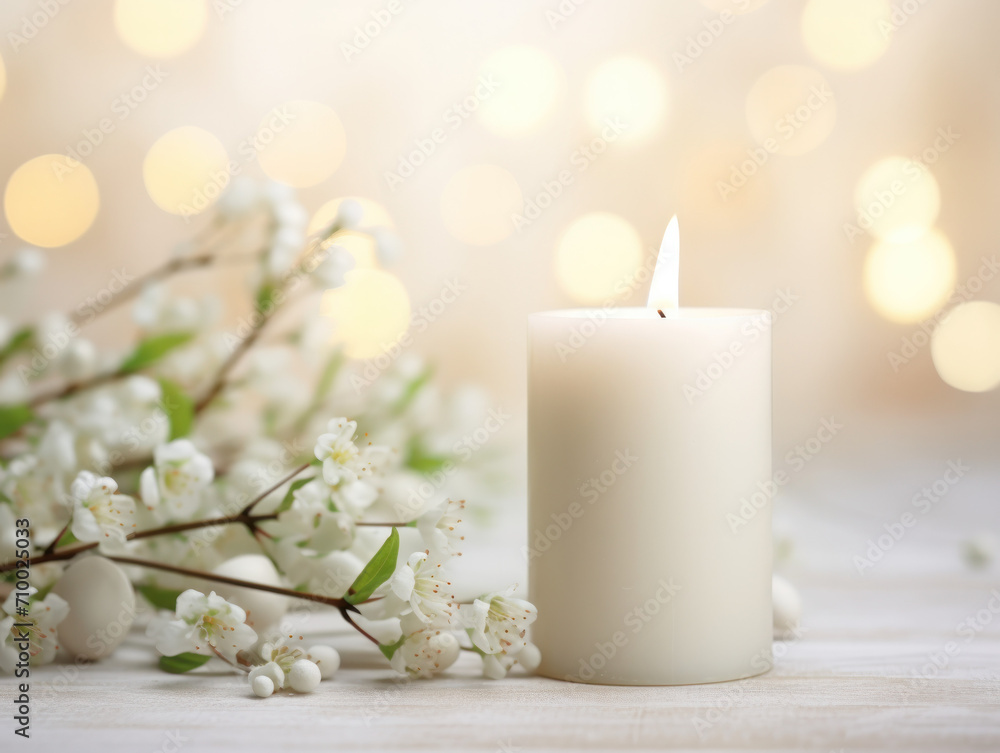 white candle with spring blossom flower on a beige table white candle with spring blossom flower on a beige table