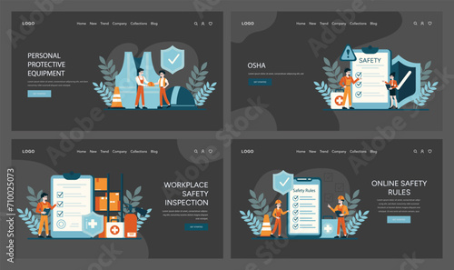 OSHA web banner set. Illustrating personal protective equipment usage, safety checklist completion, and adherence to online safety protocols. Promoting workplace inspection rigor. Flat vector