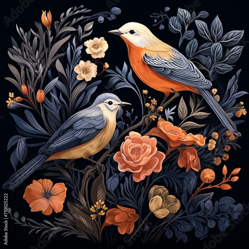 birds with a flower on a dark background, vibrant illustrations © IgnacioJulian