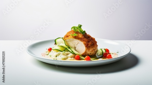 a Chicken Kiev cutlet with mashed potatoes, tomatoes, and cucumbers in a plate on a wooden light background, contemporary aesthetics to highlight the culinary beauty of the dish.