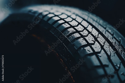 new car tyre closeup on a dark background, studio shoot, road safety concept photo