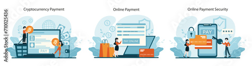 Payment Methods set. Showcasing cryptocurrency transactions, online purchases, and security features. Embracing the digital age of finance. Flat vector illustration