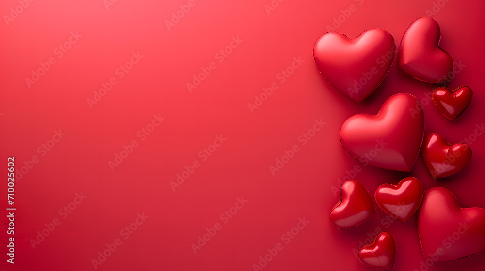 Happy Valentine's Day background. Red minimalist valentine background with hearts, chocolate, gifts, empty space for copy, flat lay, and heart shaped ornaments.