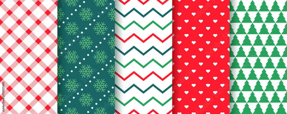 Christmas backgrounds. Seamless pattern. Xmas New year prints with zigzag, tree, snowflake, plaid. Set holiday textures. Collection festive wrapping papers. Red green backdrop. Vector illustration Christmas backgrounds. Seamless pattern. Xmas New year prints with zigzag, tree, snowflake, plaid. Set holiday textures. Collection festive wrapping papers. Red green backdrop. Vector illustration