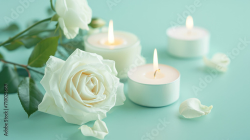 Scented roses candles with flowers, candles banner 