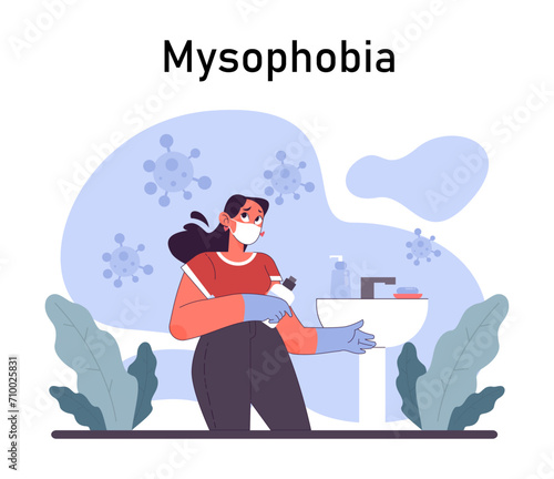 Mysophobia. Human's irrational inner fears and panic. Mental disorder, feeling of threat and danger. Psychology and mental therapy. Flat vector illustration photo