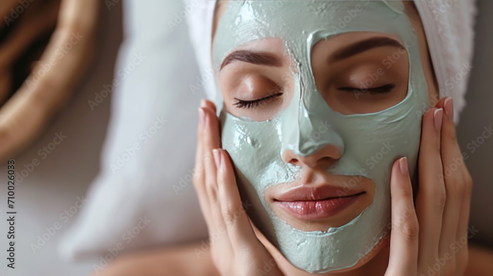 Woman resting in spa, clay beauty mask on her face, beauty concept, skincare Woman resting in spa, clay beauty mask on her face, beauty concept, skincare
