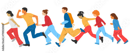 Set of running people, men, women, teenagers, different colors, cartoon character, silhouettes of running young people, profile, students, flat icon design concept isolated on white background