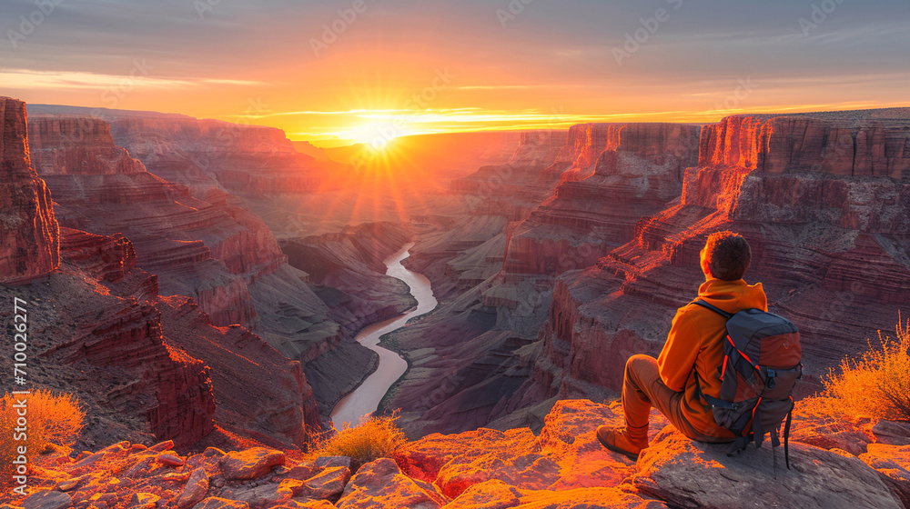 An intrepid explorer sits on the edge of a canyon, his gaze lost in the vastness of the rugged terrain, as the warm tones of the late afternoon sun play on the intricate details of An intrepid explorer sits on the edge of a canyon, his gaze lost in the vastness of the rugged terrain, as the warm tones of the late afternoon sun play on the intricate details of