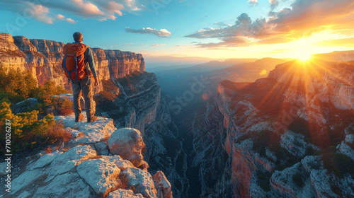 A hiker stands on the brink of a deep canyon, the sheer cliffs and layers of rock formations creating a stunning backdrop as the adventurer takes in the panoramic view of this unta