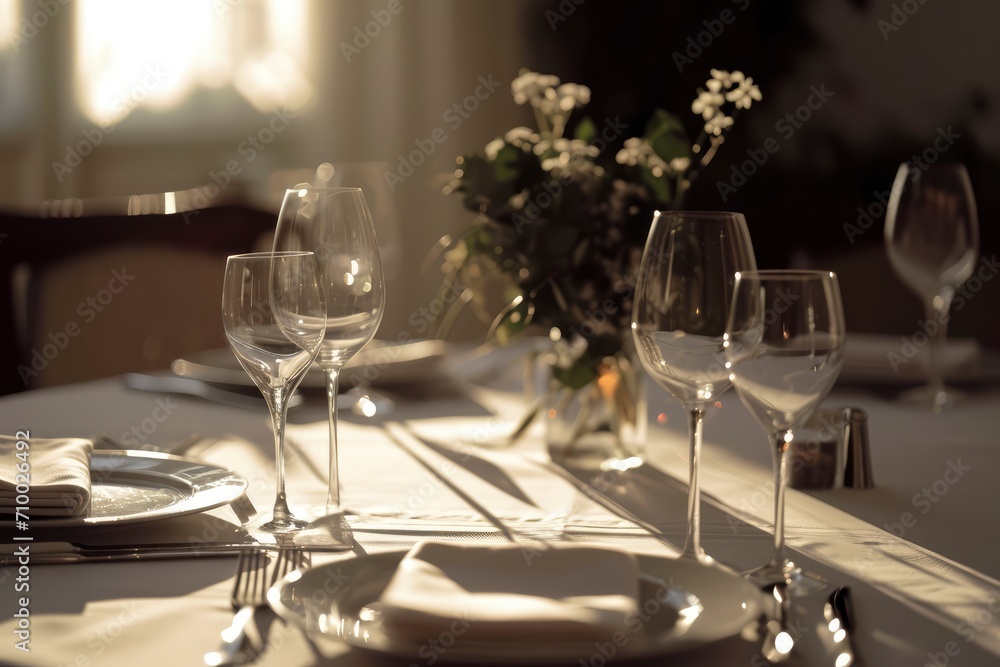 Fototapeta premium Dining table decorated for an evening dinner party, dinner concept for two glasses, luxury elegant table setting dinner in a restaurant