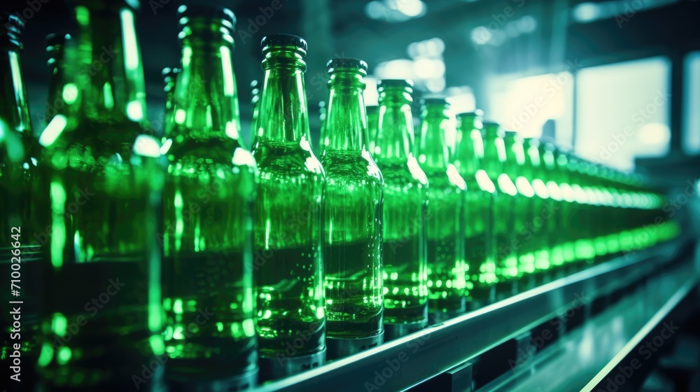 Green glass bottles without labels on the conveyor. Beer factory