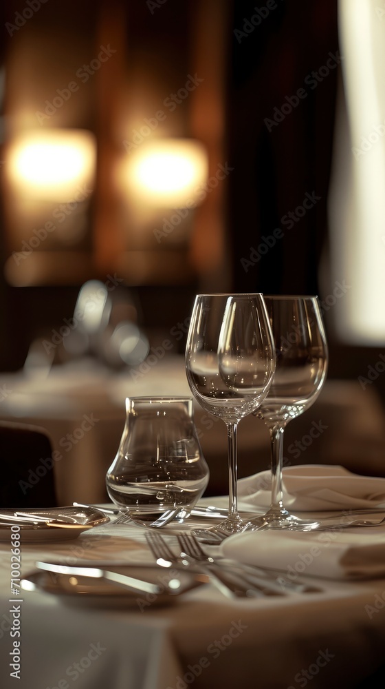 Dining table decorated for an evening dinner party, dinner concept for two glasses, luxury elegant table setting dinner in a restaurant Dining table decorated for an evening dinner party, dinner concept for two glasses, luxury elegant table setting dinner in a restaurant