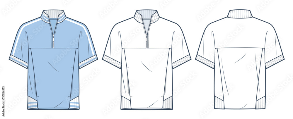 Half Zip T-Shirt fashion technical drawing template. Tee Shirt technical fashion illustration, roll neck, raglan sleeve, front, back view, relaxed fit, white, blue, women, men, unisex CAD mockup set Half Zip T-Shirt fashion technical drawing template. Tee Shirt technical fashion illustration, roll neck, raglan sleeve, front, back view, relaxed fit, white, blue, women, men, unisex CAD mockup set