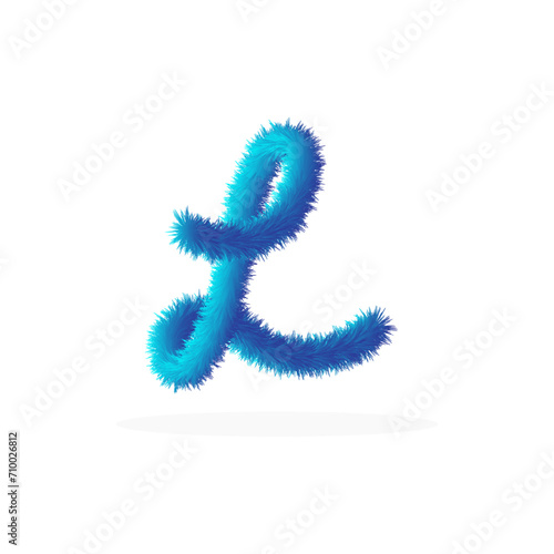 Feathered letter L font vector. Easy editable letters. Soft and realistic feathers. Blue, fluffy, hairy letter L, isolated on a white background