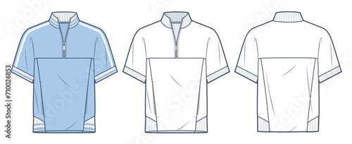  Half Zip T-Shirt fashion technical drawing template. Tee Shirt technical fashion illustration, roll neck, raglan sleeve, front,  back view, relaxed fit, white, blue, women, men, unisex CAD mockup set