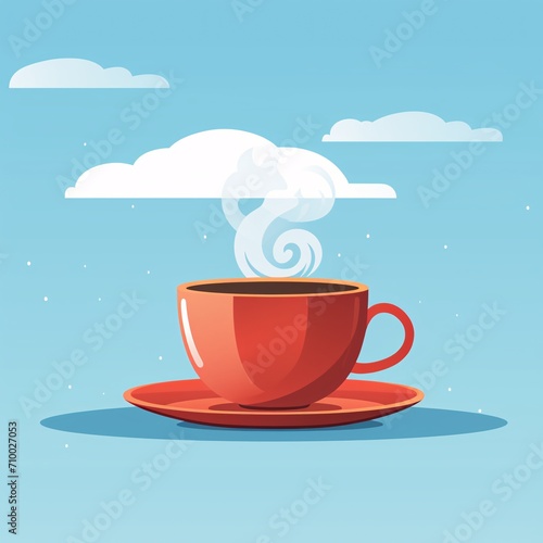 coffee cup with steam on a blue background vector illustration, light sky-blue and red