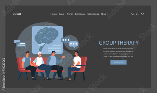 Psychotherapy web banner or landing page dark or night mode. Psychiatrist consulting a patient on mental health disorders. Thoughts and emotions analysis. Group therapy. Flat vector illustration