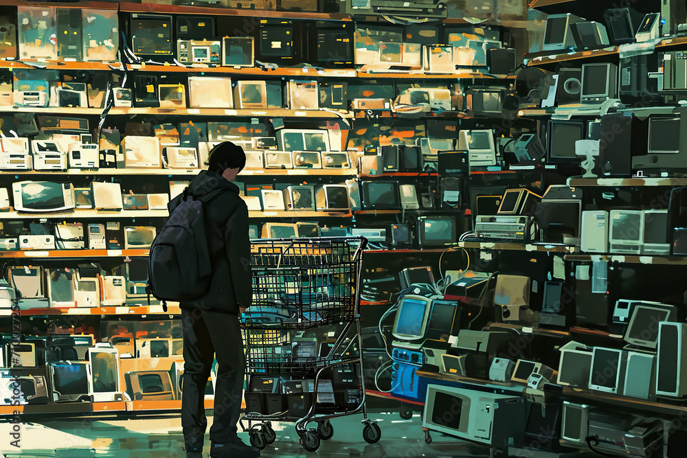 Obraz premium man pushing a cart and looking at the shelves of electronics
