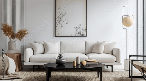 A Serene Oasis of Minimalist Elegance, A White Couch and Coffee Table in a Timeless Living Room © mattegg