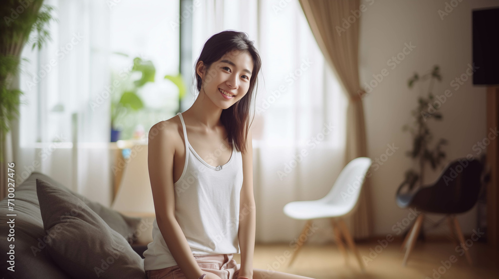 Asian woman dressed in casual clothes at home.