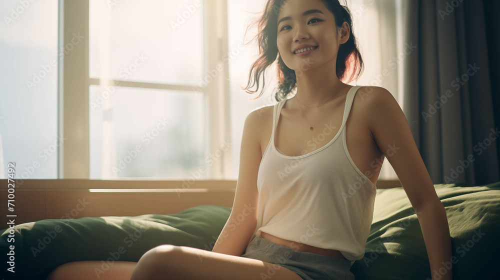 Asian woman dressed in casual clothes at home.