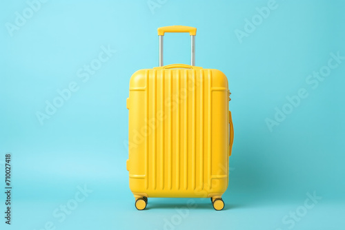 yellow suitcase on the pastel background, traveling concept 