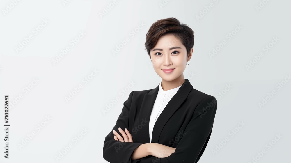 Young Asian business woman is crossing her arms on a white background. Young Asian business woman is crossing her arms on a white background.