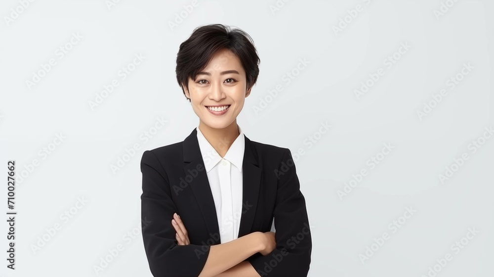 Young Asian business woman is crossing her arms on a white background. Young Asian business woman is crossing her arms on a white background.