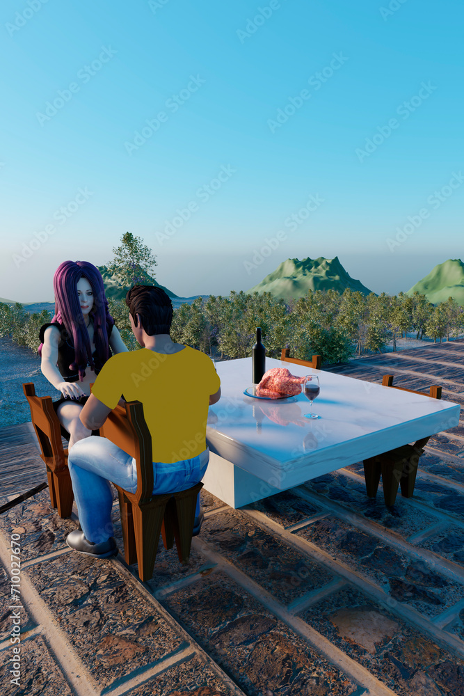Man and woman in heterosexual couple in front of a vineyard romance and love in marriage proposal render tridimencional