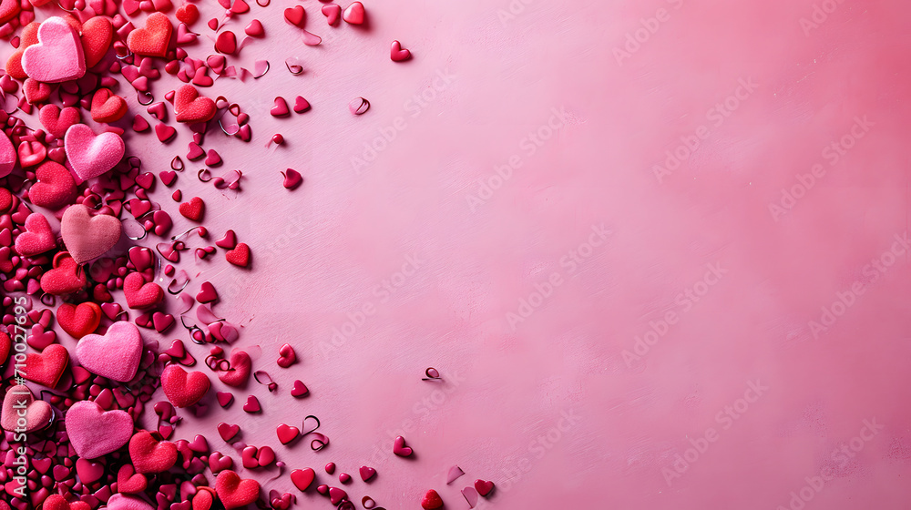 Happy Valentine's Day background. Pink minimalist valentine background with hearts, chocolate, empty space for copy, ribbons, and heart-shaped ornaments. Happy Valentine's Day background. Pink minimalist valentine background with hearts, chocolate, empty space for copy, ribbons, and heart-shaped ornaments.