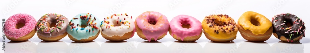 colorful doughnuts on a white surface, motion blur panorama