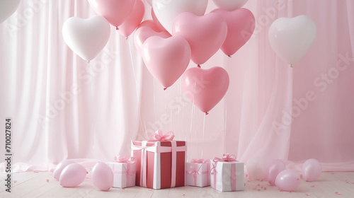 Gift boxes in a room with white and pink balloons in the background.