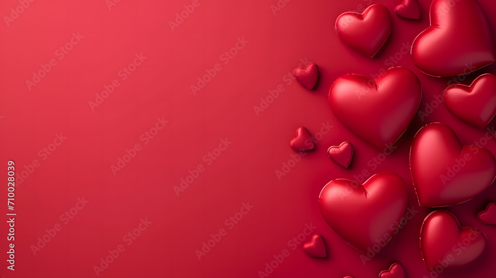 Happy Valentine's Day background. Red minimalist valentine background with hearts, chocolate, gifts, empty space for copy, flat lay, and heart shaped ornaments.