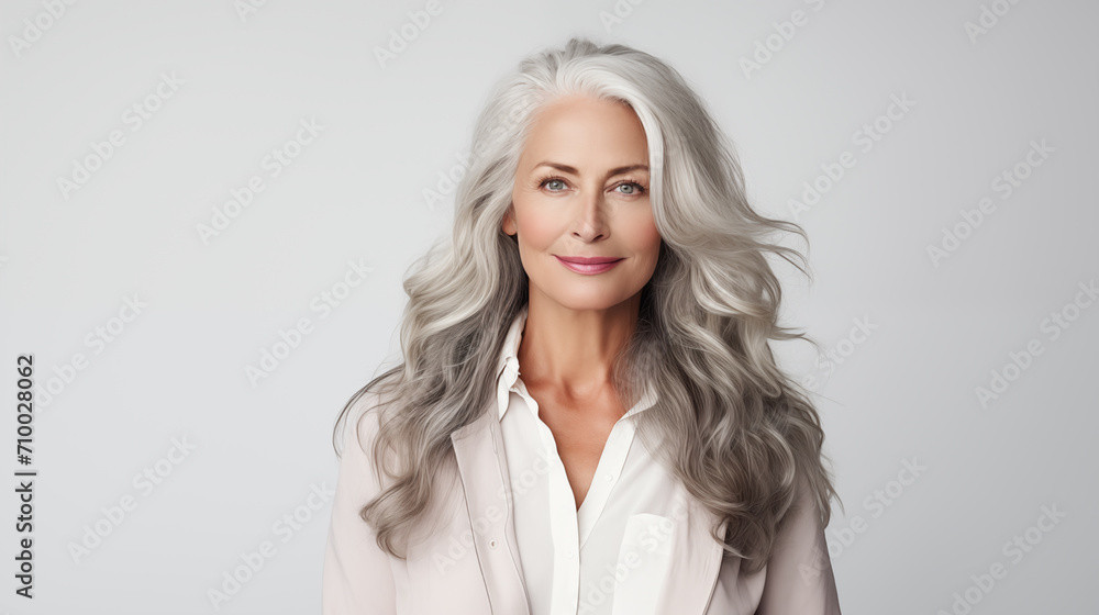 Fototapeta premium Beautiful mature woman in her 50s with long gray hair and perfect skin, looking at the camera, serious but friendly, isolated on white background